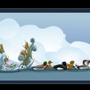 Ducks pulling a carousel-inspired sled across a pond. Digital. 2024. Affinity Photo and Affinity Designer.